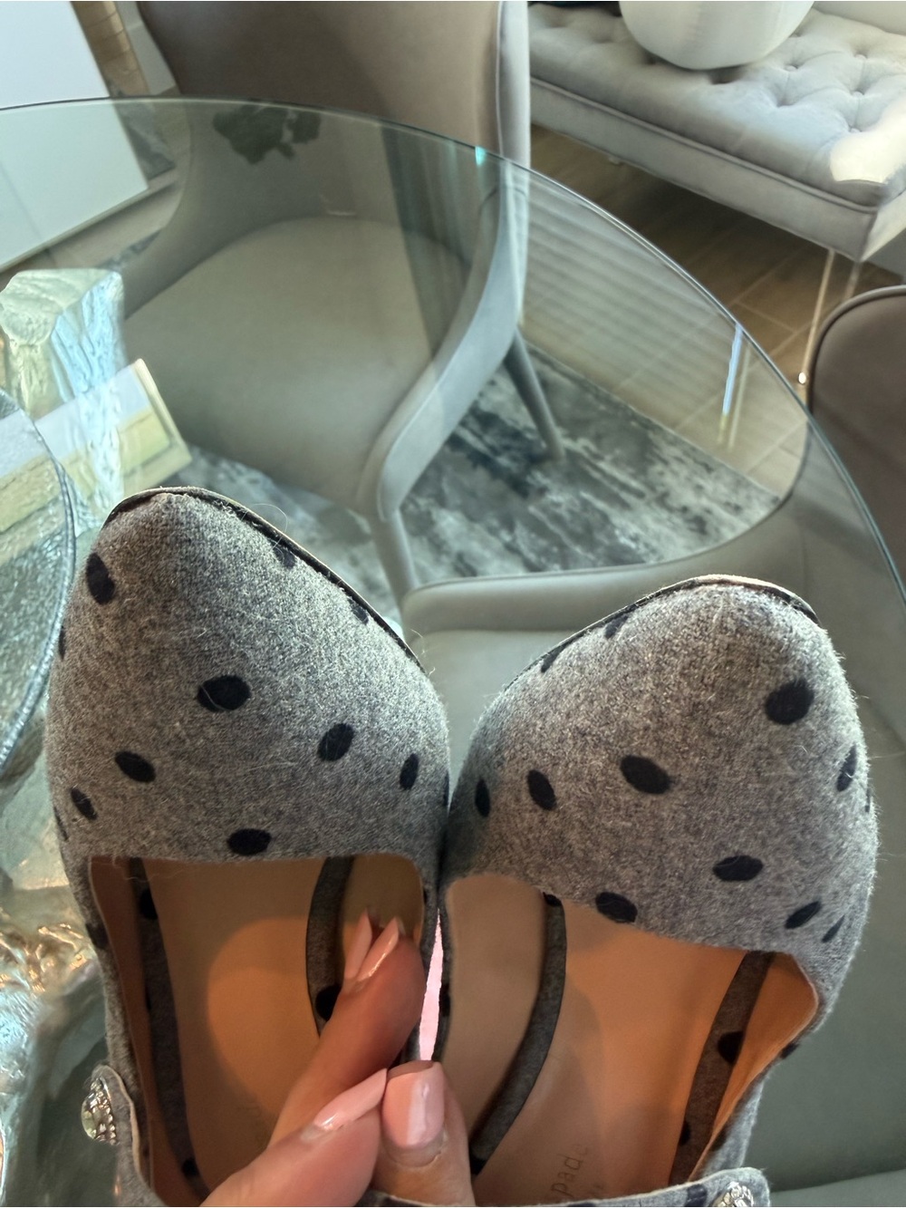 kate spade Gray Polka Dot Mary Jane Heels with Crystal Button - Picture 5 of 6